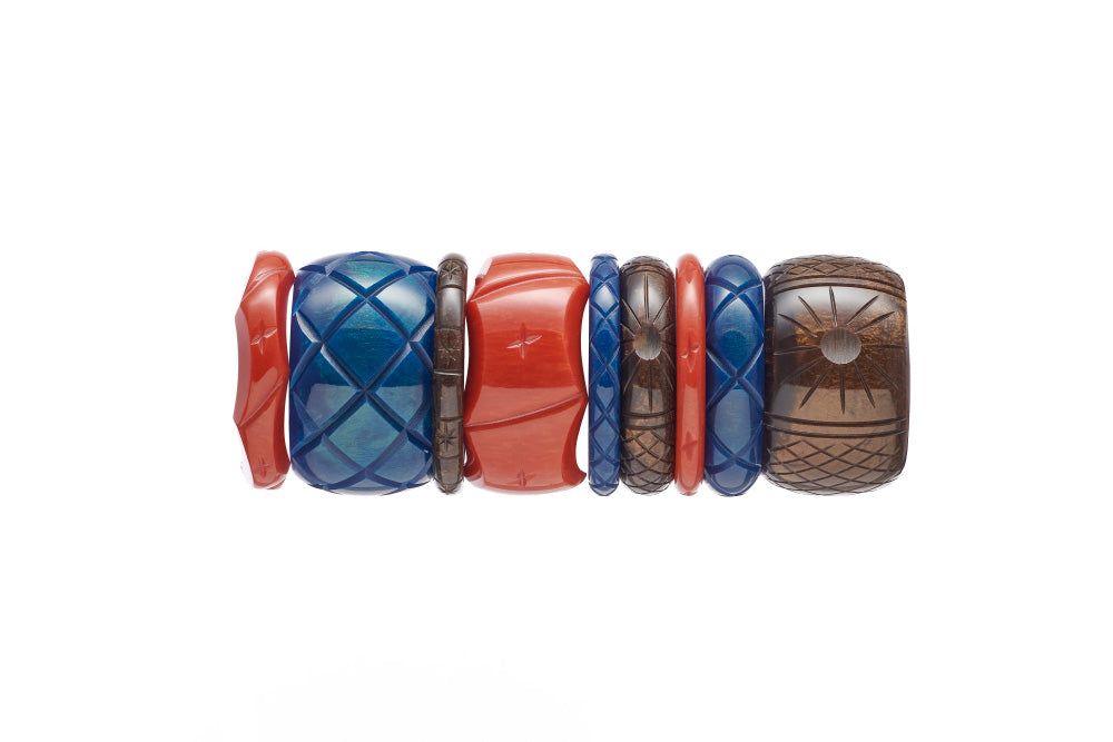 Splendette vintage inspired 1940s Bakelite style Golden Fakelite bangle stack with orange Amber, blue Ink and brown Espresso