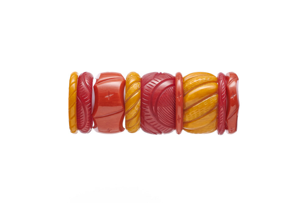 Splendette vintage inspired 1940s Bakelite style Golden Fakelite bangle stack with yellow Mustard, orange Amber and red Bordeaux