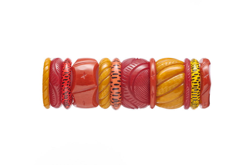 Splendette vintage inspired 1940s Bakelite style Golden Fakelite bangle stack with Amber, Bordeaux and Mustard, and red, yellow and orange leopard bangles