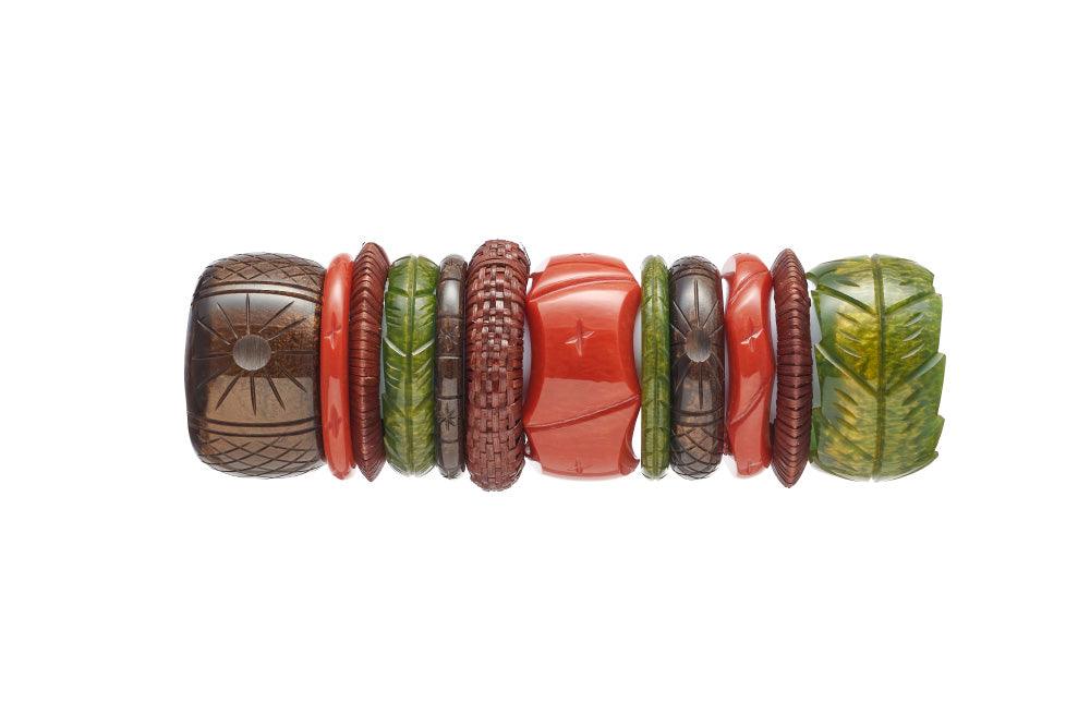 Splendette vintage inspired 1940s Bakelite style Golden Fakelite bangle stack with brown Espresso, orange Amber and green Olive, with mid brown woven bangles