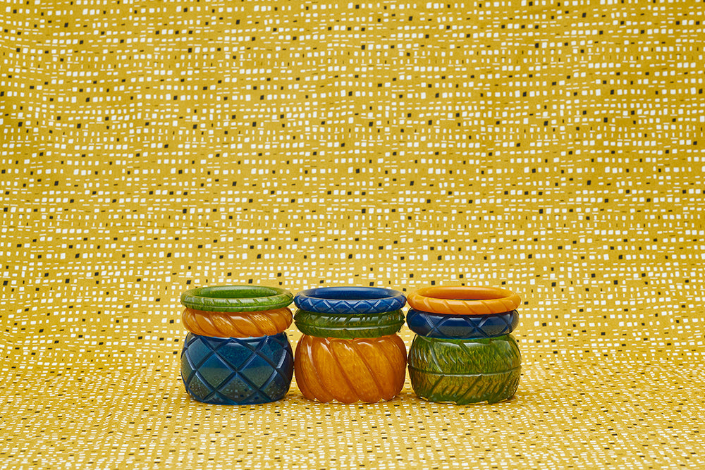 Splendette vintage inspired 1940s style triptych display of Golden fakelite carved bangles including blue Ink, yellow Mustard and red Bordeaux