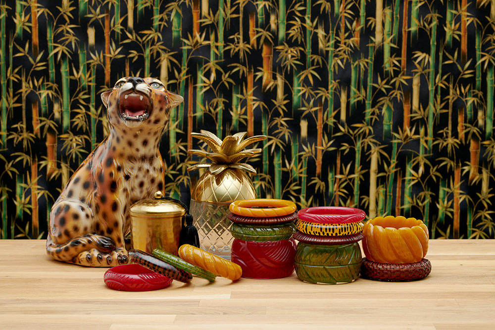 Splendette vintage inspired 1940s style display of Autumn 2020 Golden Fakelite bangles with woven and leopard print bangles