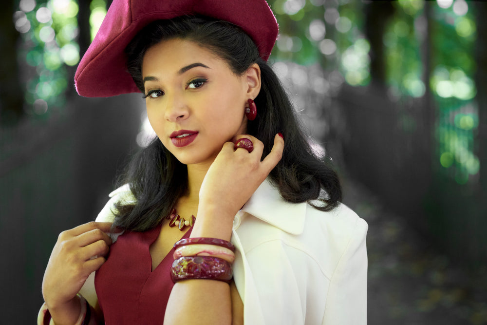 Golden Burgundy Small Fakelite Hoop Earrings