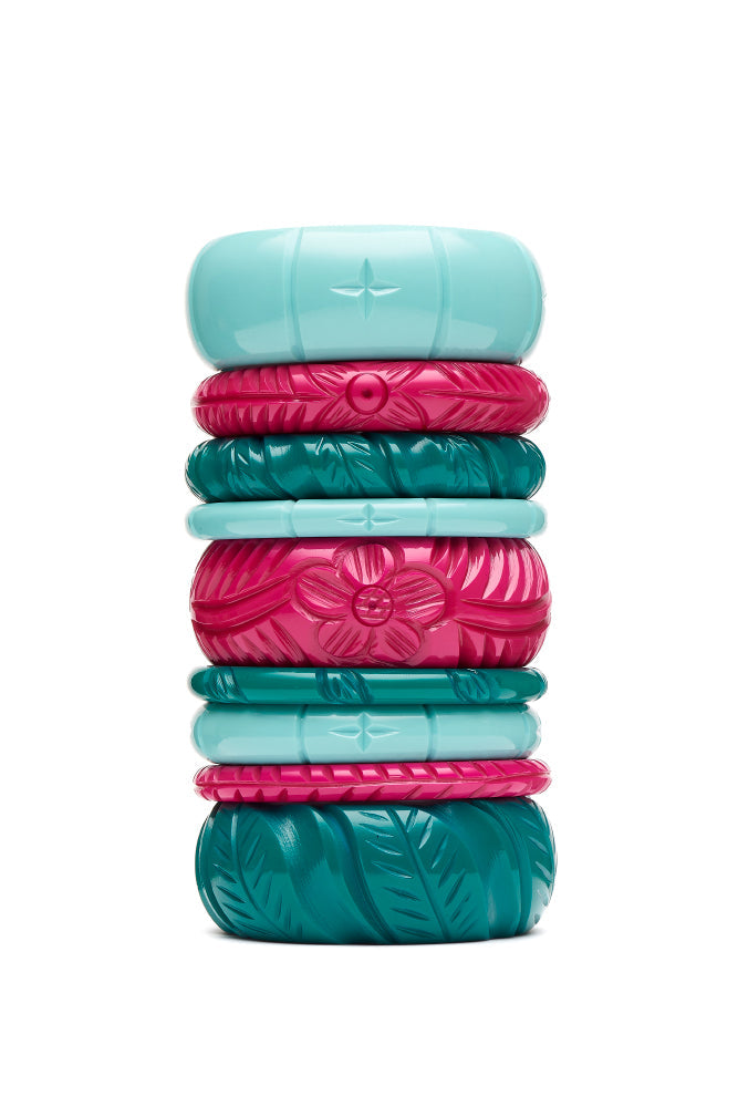 1940s style stack humanitea turquoise iris pink jade green