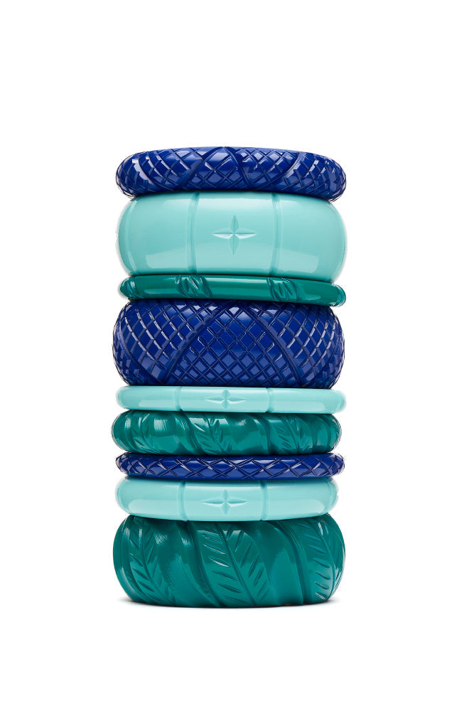 1940s style stack heavy carve indigo blue humanitea turquoise jade green