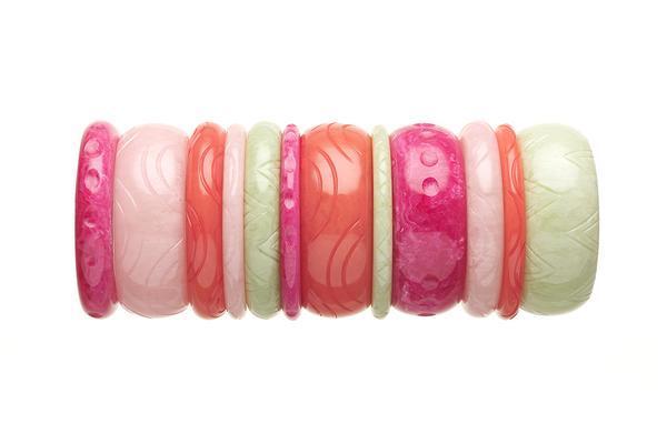 1950s Style Bangle Stack in Peach and Green Fakelite