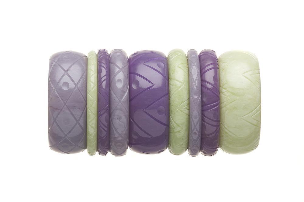 1940s Style Bangle Stack in Green and Purple Fakelite