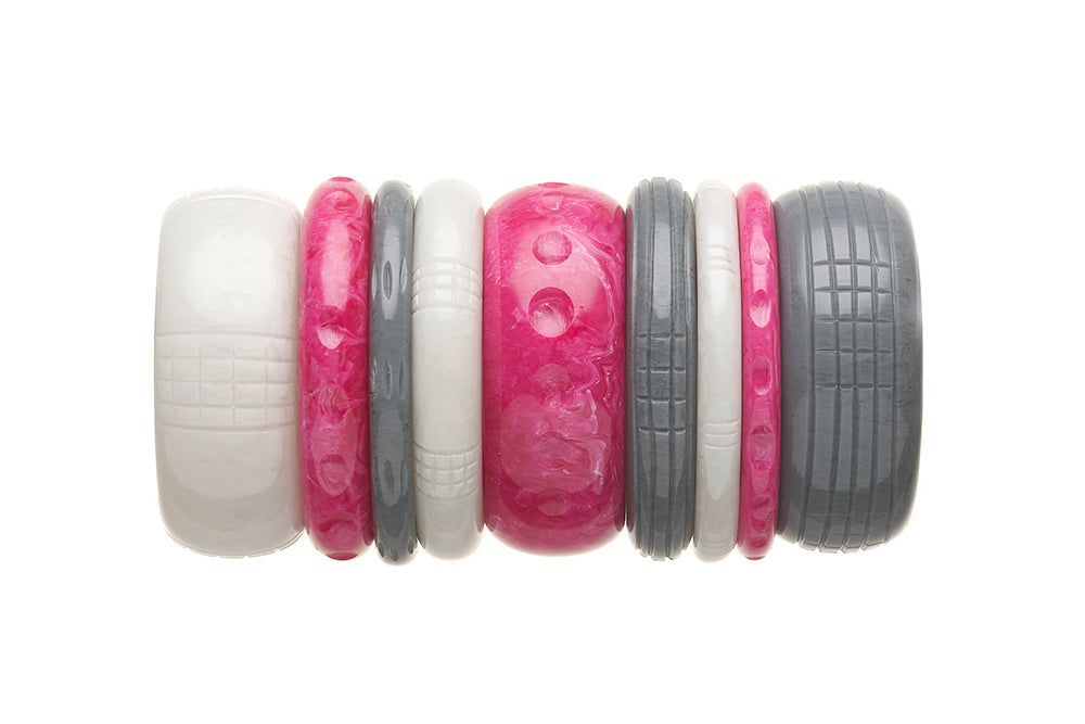 Vintage Style Bangle Stack in Pink and Grey Fakelite