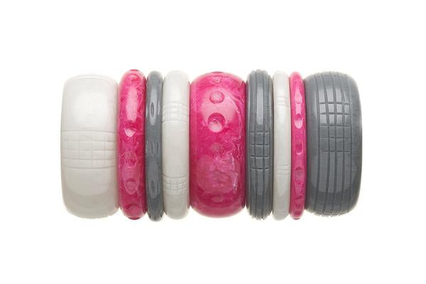 1950s Style Bangle Stack in Pink and Grey Fakelite