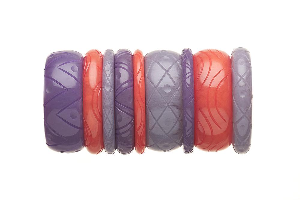 1950s Style Bangle Stack in Purple and Peach Fakelite