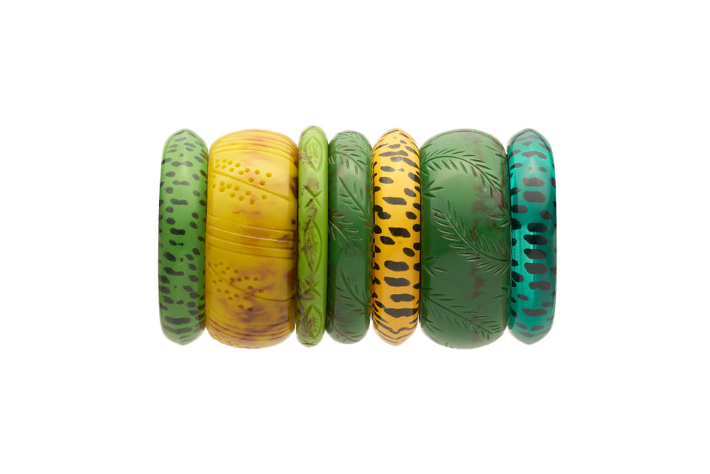 Stack of bakelite style bangles in leopard catkin and alder