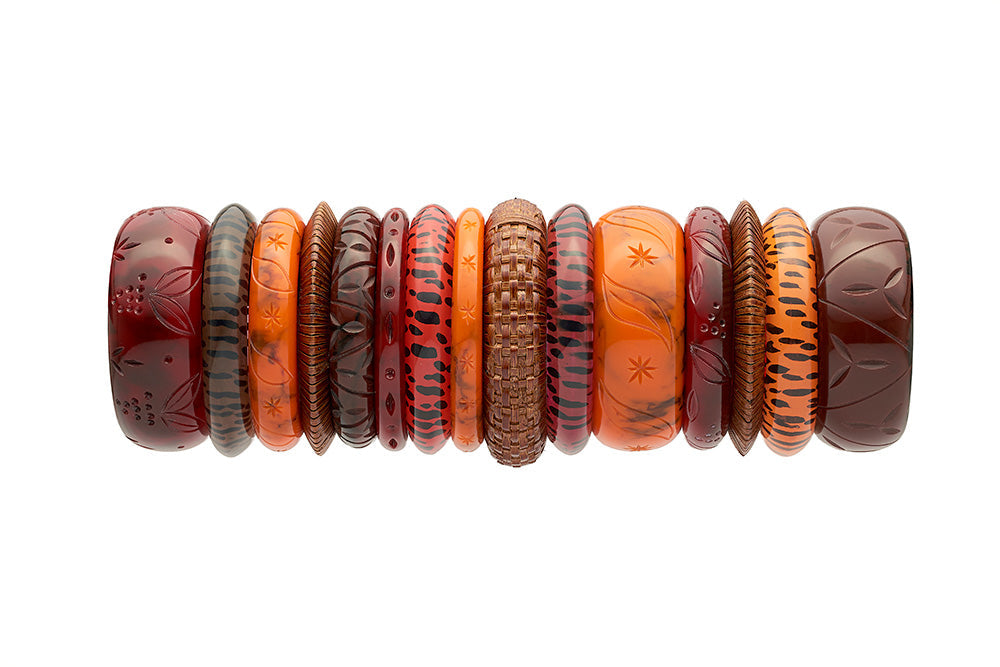 1940s Style stack of bangles in leopard mouse mulberry and fox