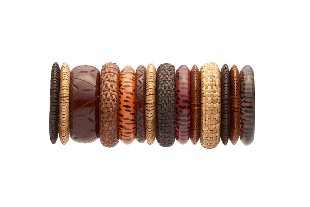 Stack of fakelite bangles in leopard mouse and woven