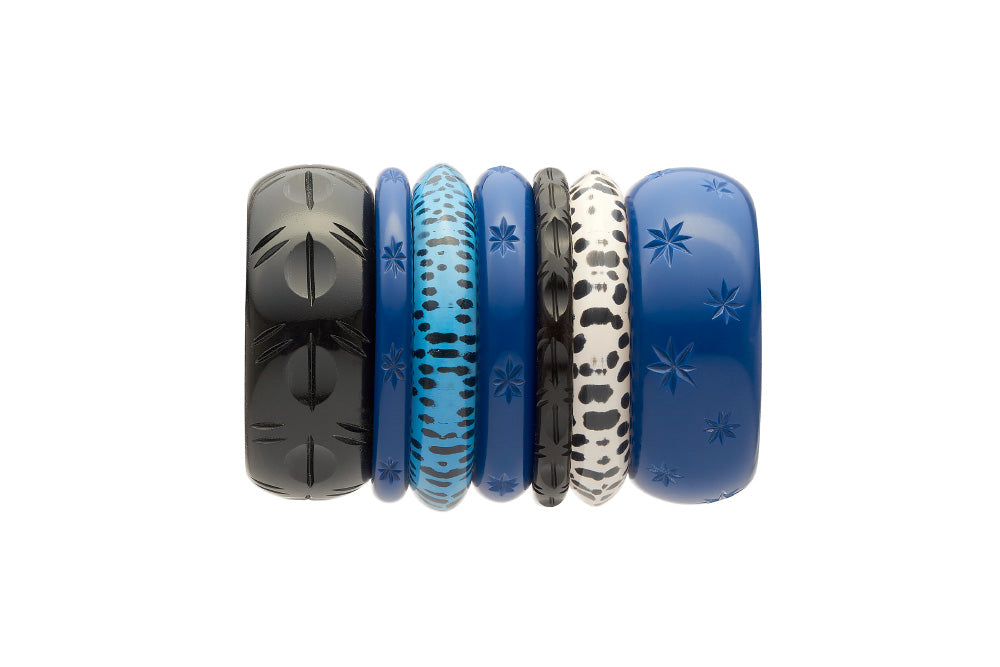 Stack of retro style bangles in twilight black and leopard
