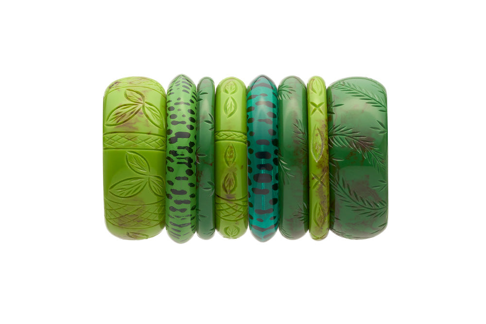 Stack of bakelite style bangles in alder and fern