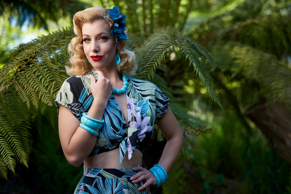 1940s fashion model shot wearing Humanitea turquoise bakelite style bangles