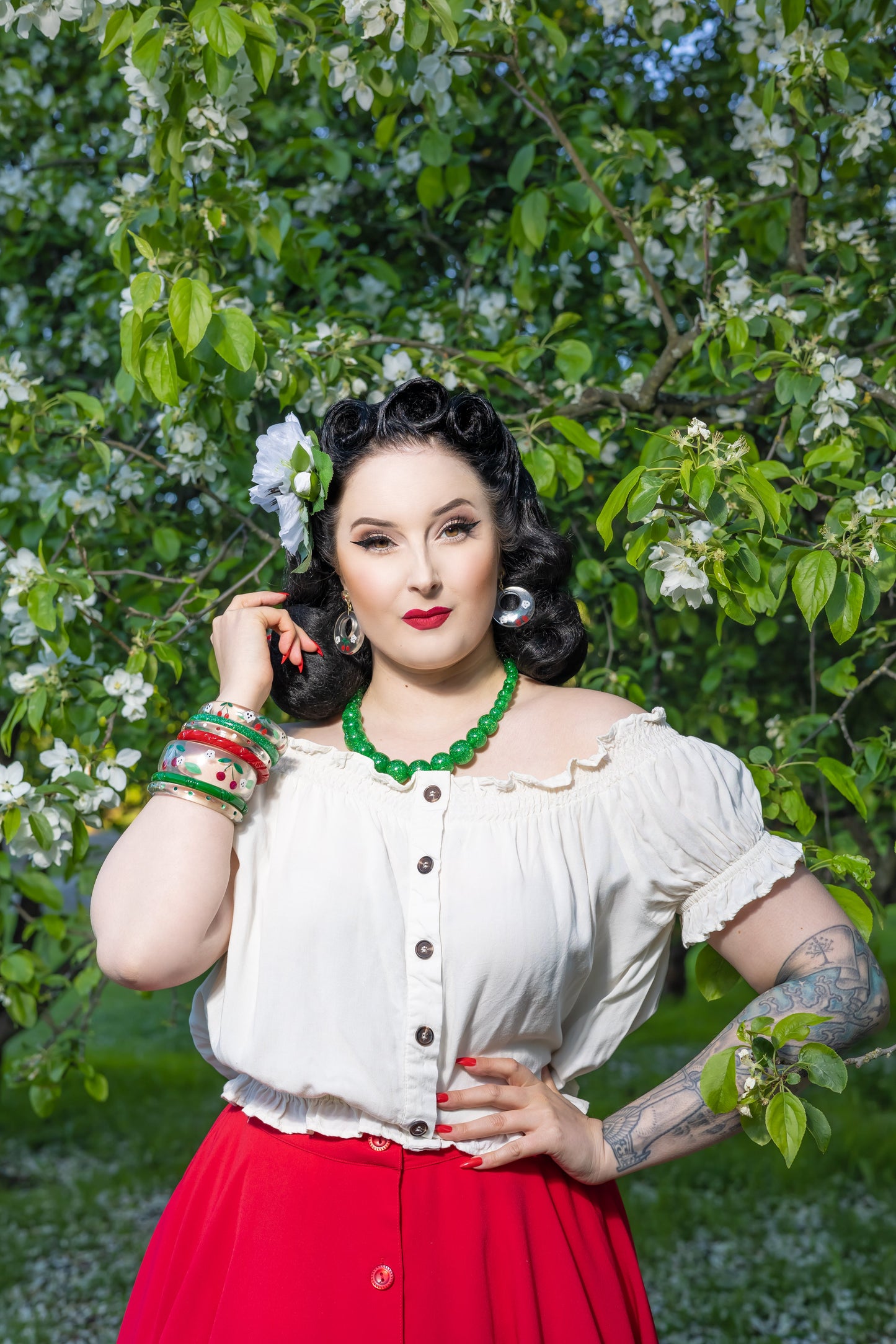 Splendette vintage inspired 1940s Bakelite style rockabilly red Cherries and Leaves  jewellery worn by pin up model