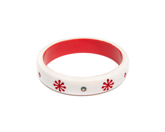 Splendette vintage inspired 1950s mid-century Christmas style white and red Midi Lumi Atomic Snowflake Bangle in Classic size