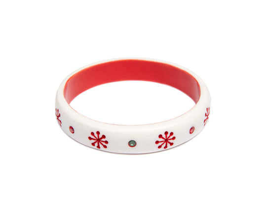 Splendette vintage inspired 1950s mid-century Christmas style white and red Midi Lumi Atomic Snowflake Bangle in larger Duchess size