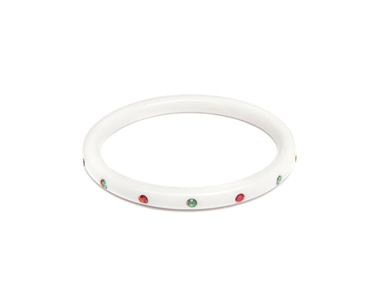 Splendette vintage inspired 1950s mid-century Christmas style white Narrow Lumi Atomic Snowflake Bangle in larger Duchess size with red and green diamantes