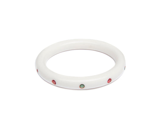 Splendette vintage inspired 1950s mid-century Christmas style white Narrow Lumi Atomic Snowflake Bangle in smaller Maiden size with red and green diamantes