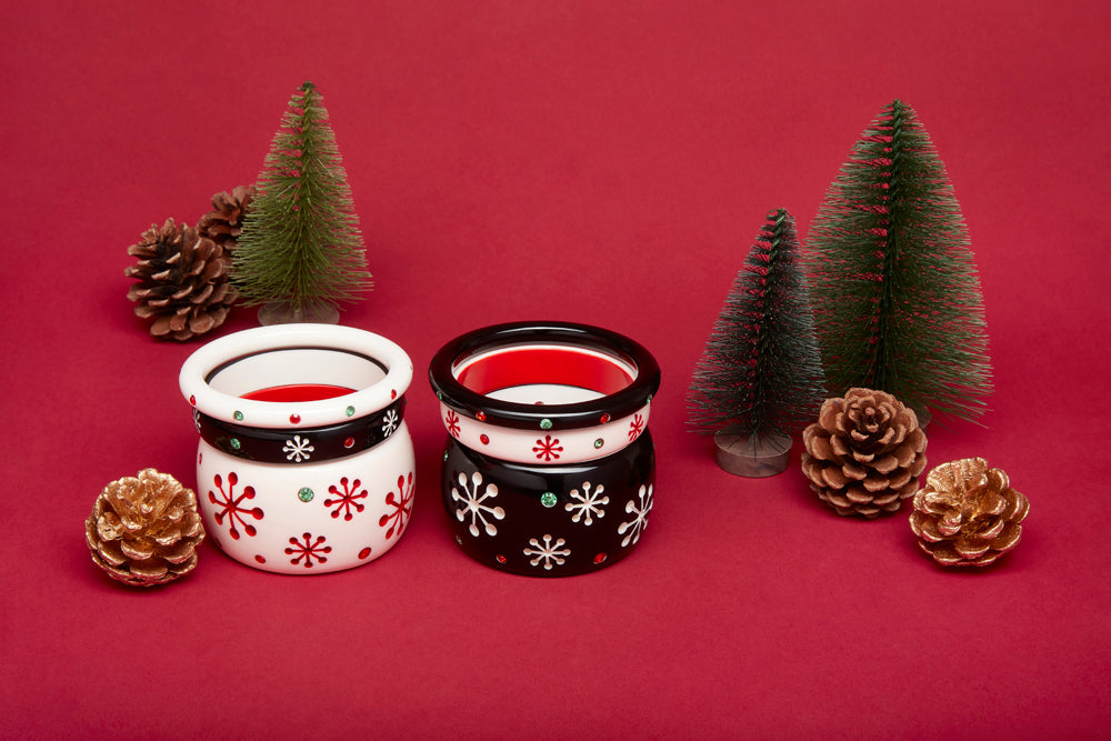 Splendette vintage inspired 1950s Christmas style Atomic Snowflake Bangle stacks with black Musta and white Lumi bangles