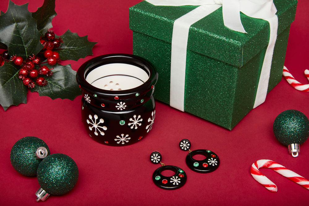 Splendette vintage inspired 1950s Christmas style jewellery, black Musta Atomic Snowflake Bangle stack with matching Musta Atomic Snowflake Drop Hoop Earrings