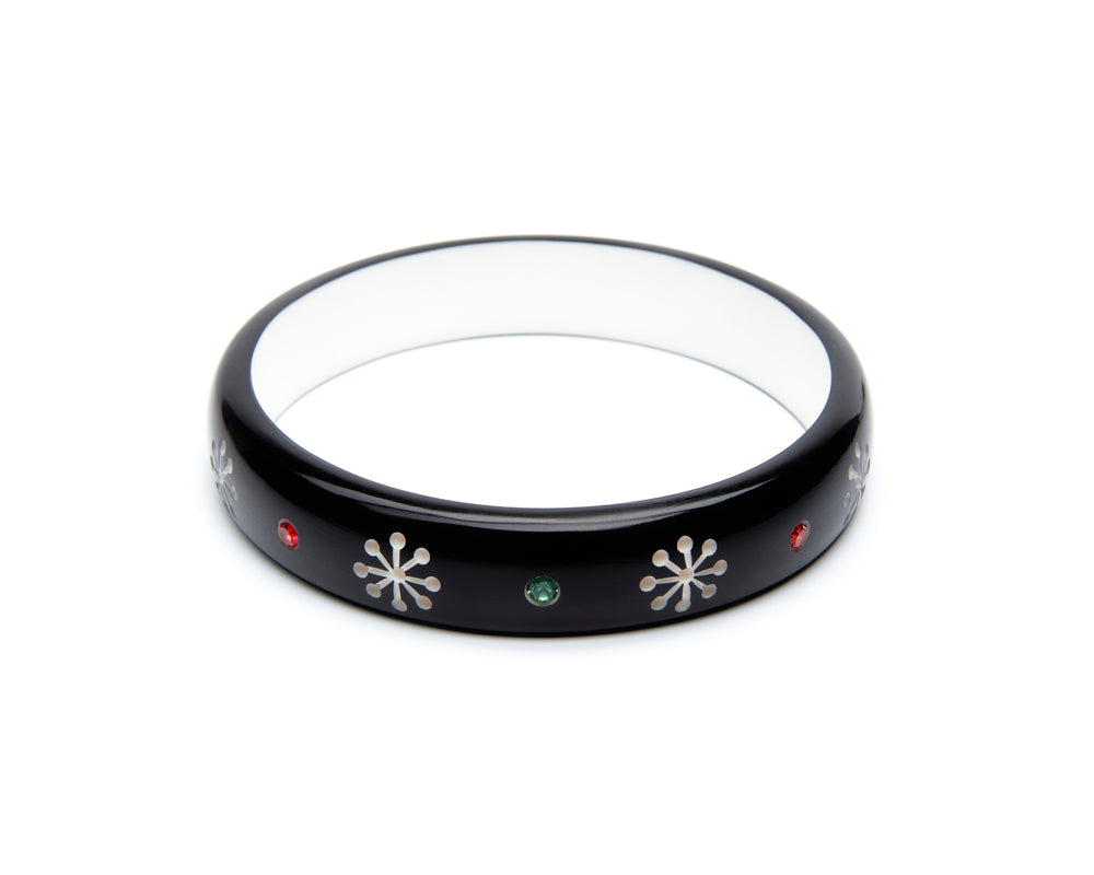 Splendette vintage inspired 1950s mid-century Christmas style black Midi Musta Atomic Snowflake Bangle in larger Duchess size