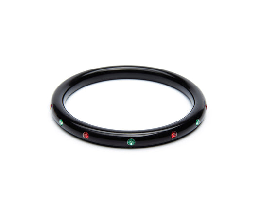 Splendette vintage inspired 1950s mid-century Christmas style black Narrow Musta Atomic Snowflake Bangle in larger Duchess size with red and green diamantes
