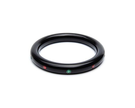 Splendette vintage inspired 1950s mid-century Christmas style black Narrow Musta Atomic Snowflake Bangle in smaller Maiden size with red and green diamantes