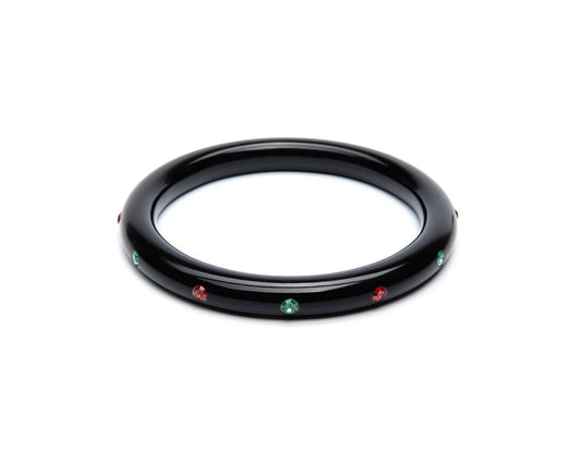 Splendette vintage inspired 1950s mid-century Christmas style black Narrow Musta Atomic Snowflake Bangle in Classic size with red and green diamantes