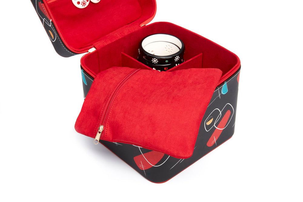 Splendette vintage inspired 1950s style black and red Mid Century Abstract Bangle Case jewellery box - open with black and white fakelite bangles and extra red pouch