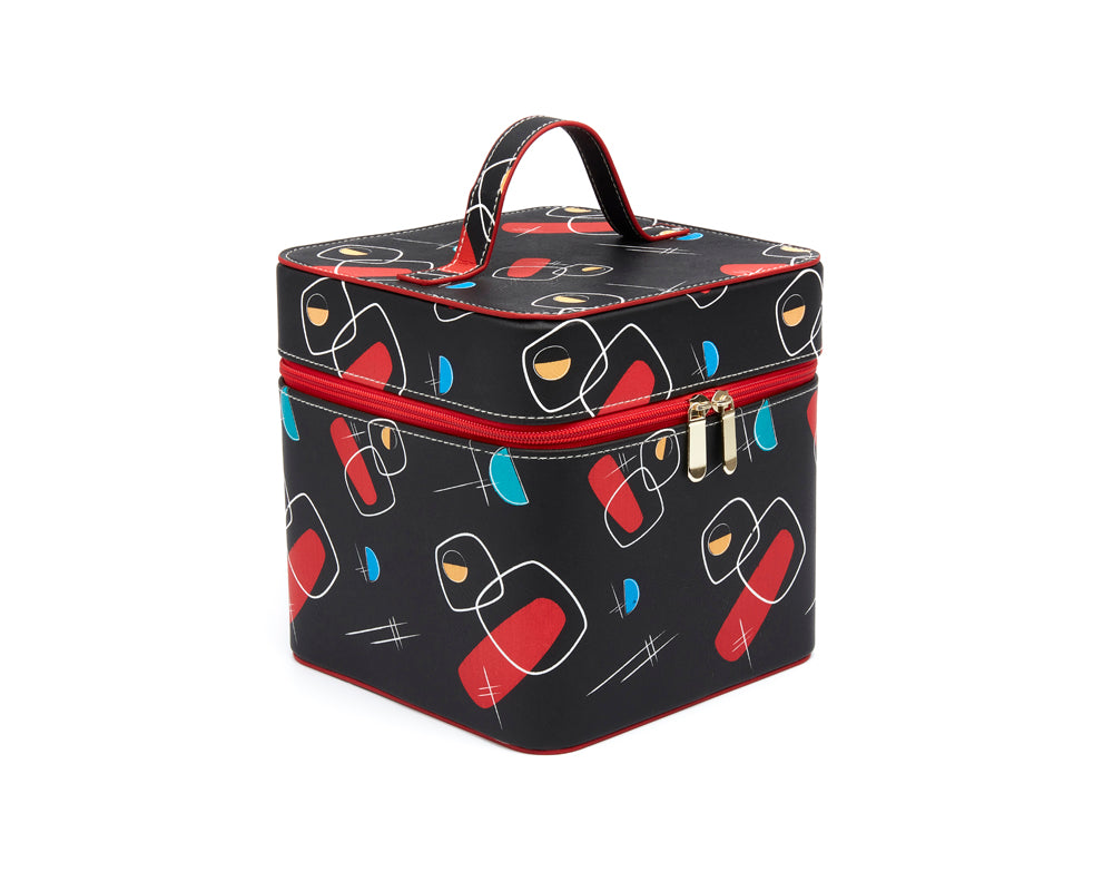 Splendette vintage inspired 1950s style black and red Mid Century Abstract Bangle Case jewellery box - closed