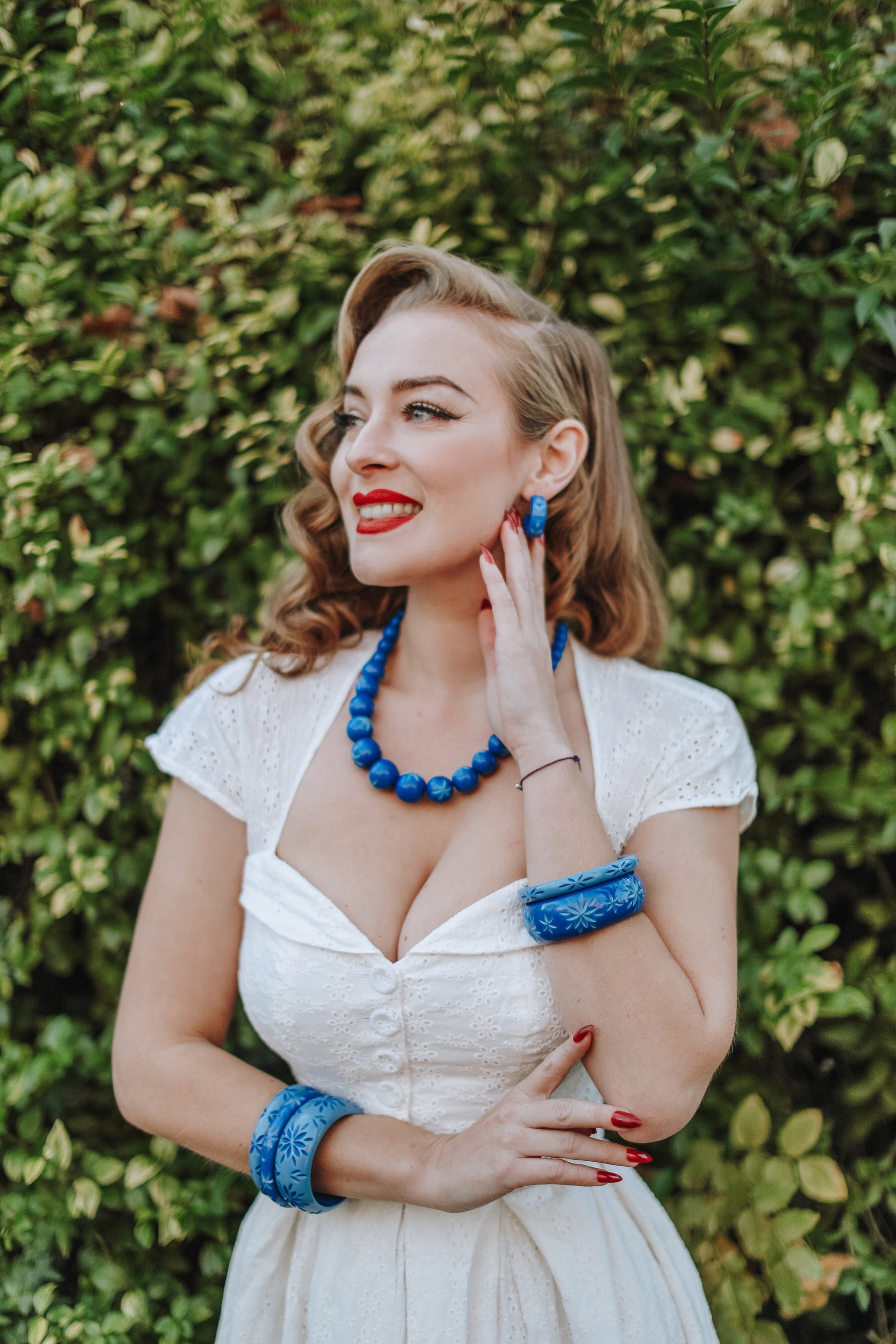 Splendette vintage inspired 1950s style Spring 2021 Blossom & Buttercups model shoot blue Duotone carved fakelite Cornflower and Forget-Me-Not jewellery