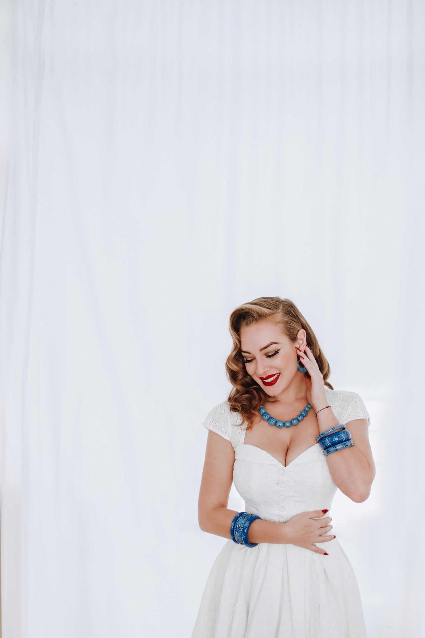 Splendette vintage inspired 1950s style Spring 2021 Blossom & Buttercups model shoot blue Duotone carved fakelite Cornflower and Forget-Me-Not jewellery