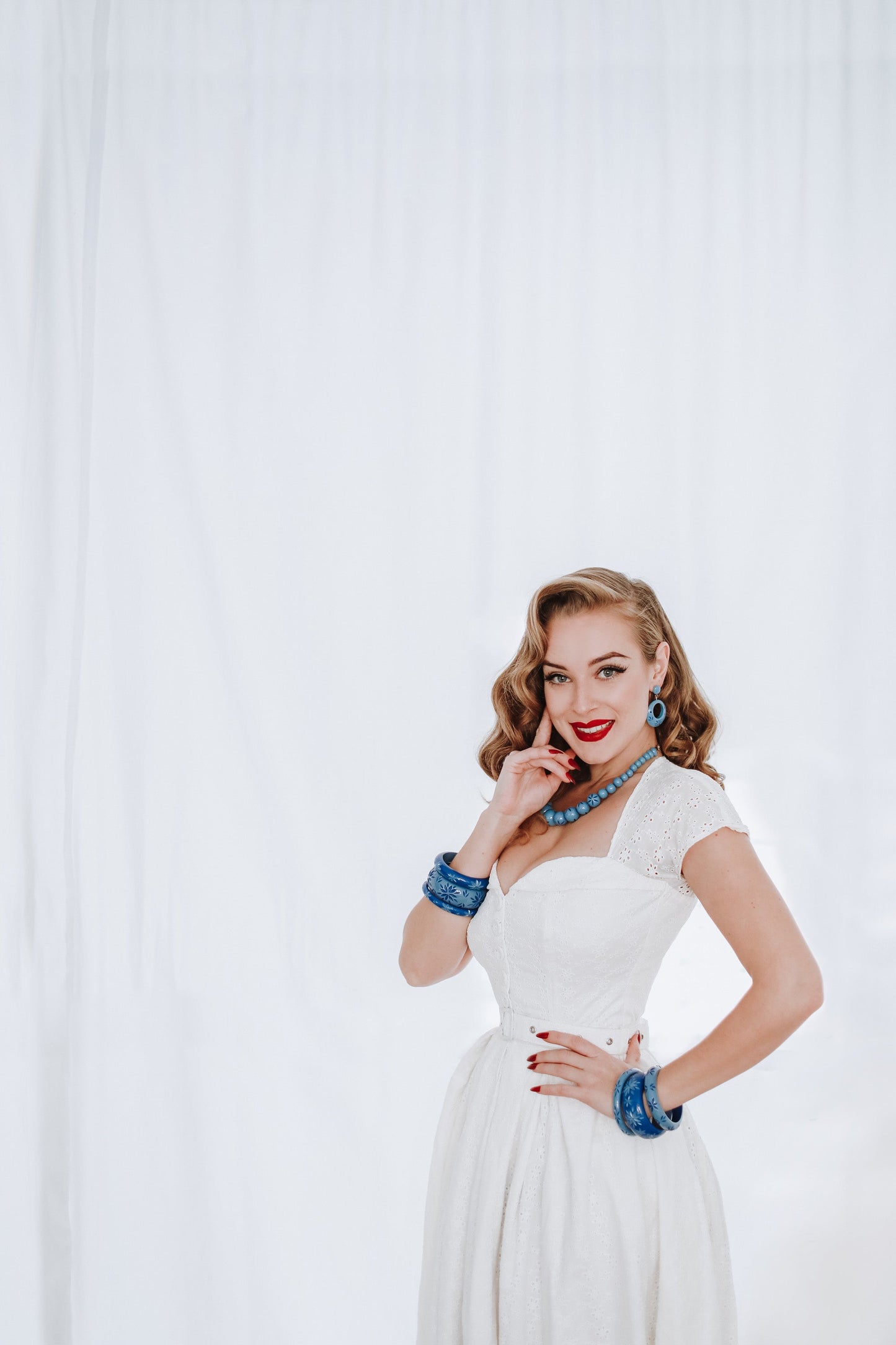 Splendette vintage inspired 1950s style Spring 2021 Blossom & Buttercups model shoot blue Duotone carved fakelite Cornflower and Forget-Me-Not jewellery