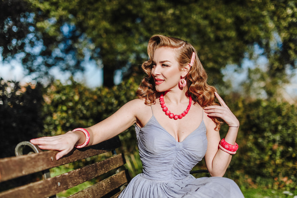 Splendette vintage inspired 1950s pin up style Spring 2021 carved pink Duotone jewellery in Raspberry and Ripple worn by Blossom & Buttercups