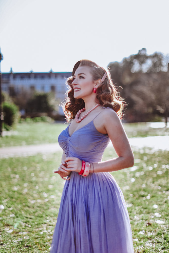 Splendette vintage inspired 1950s pin up style Spring 2021 carved pink Duotone jewellery in Raspberry and Ripple worn by Blossom & Buttercups