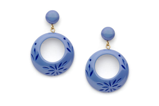 Splendette vintage inspired 1950s style blue Duotone fakelite Forget-Me-Not Carved Drop Hoop Earrings