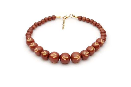 Splendette vintage inspired 1950s style brown carved Duotone fakelite Café Carved Bead Necklace