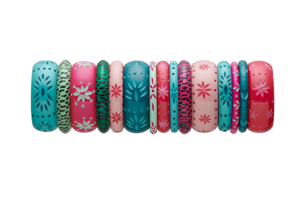 Splendette vintage inspired 1950s style bright carved Duotone fakelite stack of teal Dragonfly, turquoise Nymph, pink Raspberry, Ripple and Flamingo, mint green Parrot and matching leopard print bangles