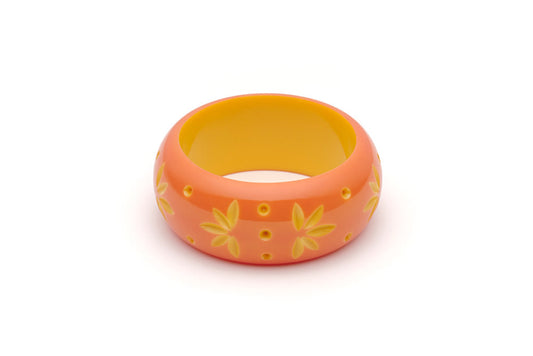 Splendette vintage inspired 1950s Bakelite style peachy orange Duotone fakelite Wide Freesia Carved Bangle in Maiden size