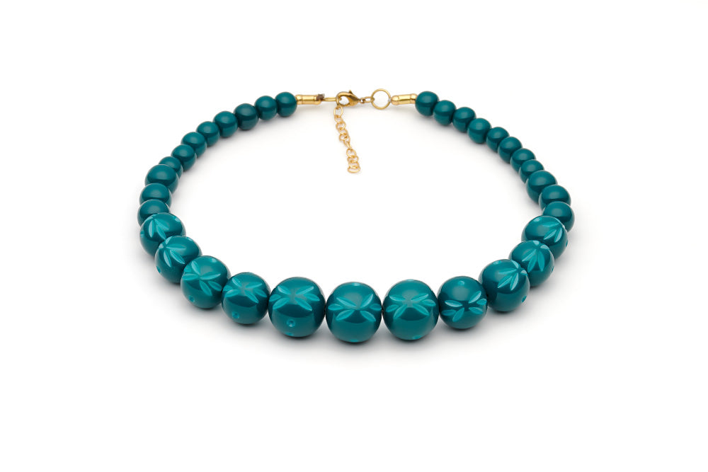 Splendette vintage inspired 1950s style teal Duotone fakelite Dragonfly Carved Bead Necklace