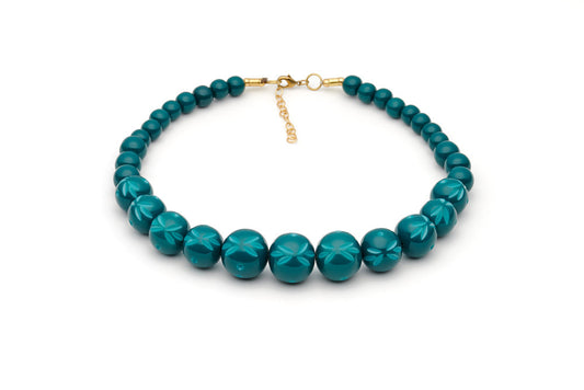 Splendette vintage inspired 1950s style teal Duotone fakelite Dragonfly Carved Bead Necklace