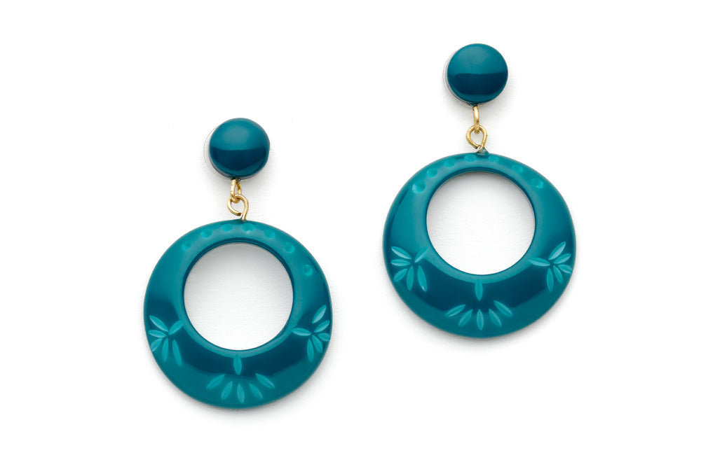 Splendette vintage inspired 1950s style teal Duotone fakelite Dragonfly Carved Drop Hoop Earrings
