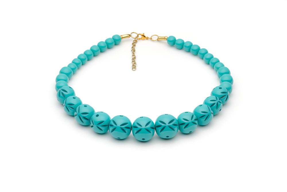 Splendette vintage inspired 1950s style turquoise Duotone fakelite Nymph Carved Bead Necklace