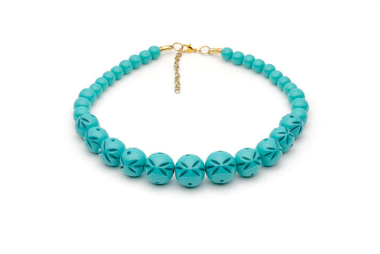 Splendette vintage inspired 1950s style turquoise Duotone fakelite Nymph Carved Bead Necklace