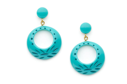 Splendette vintage inspired 1950s style turquoise Duotone fakelite Nymph Carved Drop Hoop Earrings