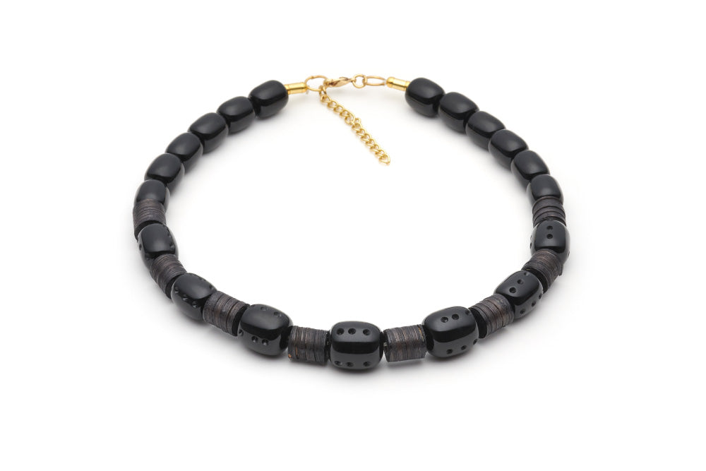 Splendette vintage inspired 1940s 1950s Bakelite Style black carved fakelite Panther Dark Cane Bead Necklace