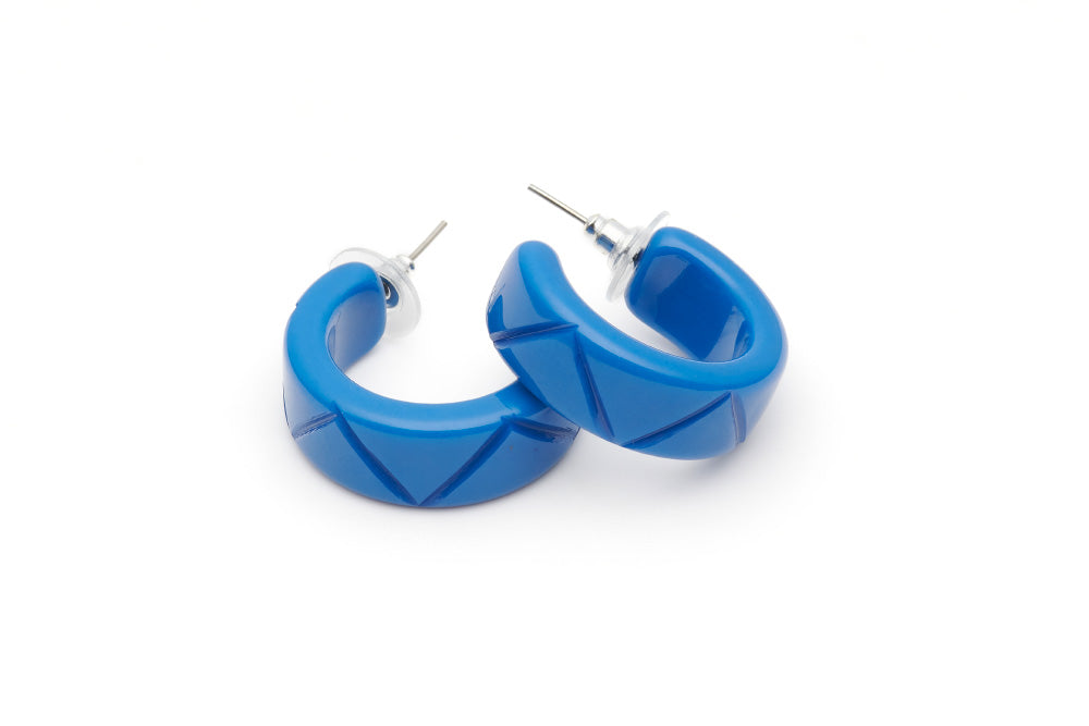 Splendette vintage inspired 1940s 1950s holiday vacation style carved blue fakelite Pacific Carved Hoop Earrings